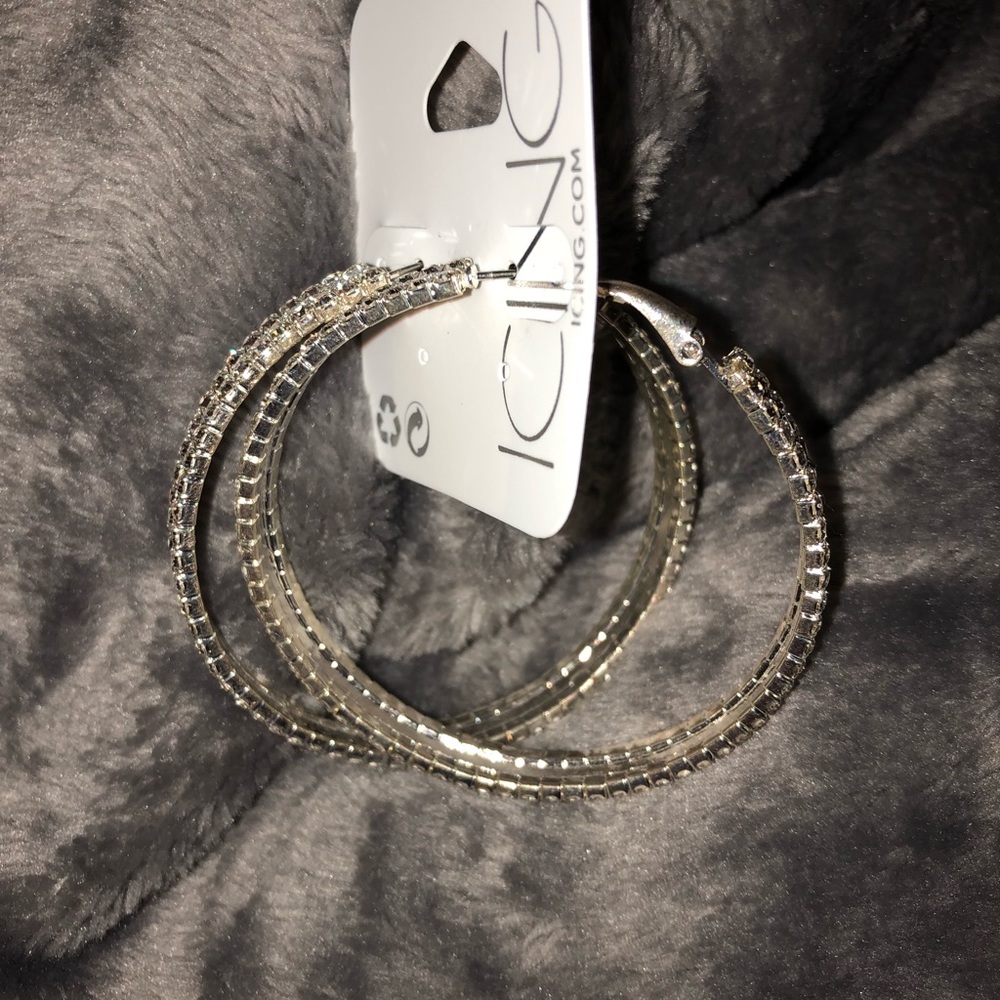 Icing Thick Silver Rhinestone Hoops - Picture 3 of 3